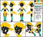 anthro black_body bottomwear character_bio clothing ear_piercing ear_ring expressions eye_makeup eyeliner fur fur_markings laugh makeup male markings piercing poncho ring_piercing skirt solo freeze-pop88 nintendo pokemon generation_4_pokemon humanoid pokemon_(species) weavile absurd_res hi_res model_sheet