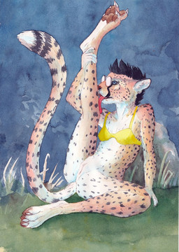 anthro bathing biped black_hair blue_eyes bottomless bra brown_pawpads clothed clothing eyewear feet female female_anthro front_view fur genitals glasses hair markings navel nipple_outline pawpads short_hair solo spots spotted_body spotted_fur tail underwear vulva dimasbka cheetah felid feline mammal hi_res
