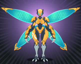3_toes 4_wings adeptus_furaffinitus armor blue_eyes breasts feet female gold_(metal) gold_armor hexagonal_grid insect_wings machine metal_wings metallic_body multi_wing open_mouth open_smile smile solo synthetic_muscles thick_thighs toes wide_hipped_female wings fan_character arthropod humanoid insect robot hi_res story story_in_description