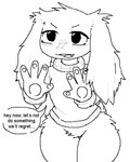 4_fingers anthro black_eyes black_text bottomless bottomless_anthro bottomless_female clothed clothing ellipsis facial_scar female female_anthro fingers floppy_ears lop_ears open_mouth pawpads scar solo speech_bubble sweater sweater_only text tongue topwear topwear_only x_scar commonbleat cave_story sue_sakamoto lagomorph mammal mimiga 2024 english_text monochrome