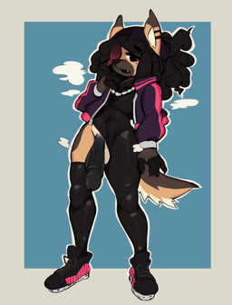 anthro big_penis bodily_fluids clothing dreadlocks femboy genitals humanoid_genitalia humanoid_penis latex latex_clothing latex_skinsuit male penis skinsuit solo standing sweat sweaty_legs sweaty_thighs tight_clothing kaziedell devin_(yungyiff) canid canine canis domestic_dog german_shepherd herding_dog mammal pastoral_dog absurd_res hi_res