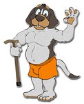 anthro barefoot blue_sclera bottomwear brown_eyes brown_nose bulge clothed clothing feet fur gesture holding_object jd_stratton male navel open_mouth orange_bottomwear orange_clothing orange_shorts pawpads pink_pawpads shadow shorts shorts_only simple_background solo teeth_showing topless waving white_background white_body white_fur brucebadger bluetick_coonhound canid canine canis coonhound domestic_dog hunting_dog mammal scent_hound hi_res