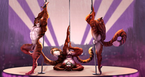 4_toes 5_fingers abs anthro anus audience backsack balls biceps butt countershade_face countershade_torso countershading dancing exhibitionism feet fingers flaccid flexible flower flower_in_mouth foreskin fur genitals glans group holding_fixture humanoid_feet humanoid_genitalia humanoid_hands humanoid_penis looking_at_viewer male multicolored_body multicolored_fur muscular navel nipple_piercing nipples nude nude_in_front_of_audience orange_body orange_fur partially_retracted_foreskin pawpads pecs penis perineum piercing pink_nose pink_penis plant plantigrade pole pole_dancing rose_(flower) rose_in_mouth splits spread_legs spreading striped_body striped_fur stripes stripper_pole toes two_tone_body two_tone_fur voyeur white_balls white_body white_countershading white_fur white_perineum mickey_the_retriever disney zootopia tiger_dancer_(zootopia) felid mammal pantherine tiger