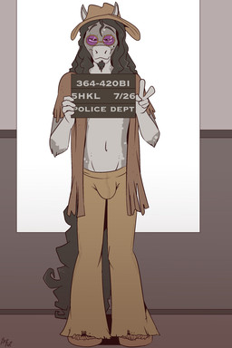 alternative_fashion anthro biped black_hair bottomwear bulge clothed clothing eyebrows eyewear facial_hair fluffy fluffy_tail front_view furgonomic_headwear furgonomics gesture glasses goatee green_bottomwear green_clothing green_jacket green_pants green_topwear hair hand_gesture hat headgear headwear hippie holding_object inside jacket long_hair male mugshot navel open_clothing open_jacket open_topwear pants round_glasses solo standing tail text topwear v_sign wearing_glasses fuf equid equine horse mammal 2019 2:3 english_text hi_res