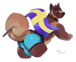 2022 absurd_res akita anthro artist_name bent_over big_bulge big_butt bulge butt canid canine canis character_name clothing collar darkgem domestic_dog english_text eyebrows flag fur hi_res looking_at_viewer male mammal simple_background smile solo spitz swedish_flag tail text tuft underwear white_background