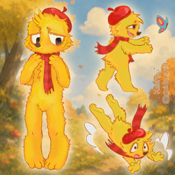 anthro beret black_eyes clothing cloud digitigrade earless falling fangs feet forest_background grass happy hat headgear headwear leaf looking_down male multiple_poses open_mouth paws plant pose red_beret red_clothing red_hat red_headwear red_scarf sad scarf sky solo standing surprised tailless teeth toes tree white_sclera yellow_body young gnida_gnid murzilka_(character) arthropod butterfly canid canine canis domestic_dog insect lepidopteran mammal 1:1 hi_res