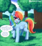 cutie_mark detailed_background dialogue female feral grass looking_at_viewer multicolored_tail outside plant rainbow_tail solo tail text tree wings dibujito friendship_is_magic hasbro my_little_pony mythology rainbow_dash_(mlp) equid equine mammal mythological_creature mythological_equine pegasus 2021 absurd_res english_text hi_res