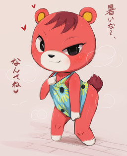 anthro bent_over black_eyes black_nose blush bottomless chibi clothed clothing countershade_face countershading dialogue dress female flirting fur gloves_(marking) grey_background hair heart_symbol leg_markings looking_at_viewer markings monotone_hair multicolored_body multicolored_fur pose red_body red_fur red_hair red_tail scut_tail short_hair short_tail simple_background smile smug socks_(marking) solo standing tail tan_background text two_tone_body two_tone_fur white_body white_countershading syuro animal_crossing nintendo cheri_(animal_crossing) bear mammal 2020 full-length_portrait hi_res japanese_text portrait translated