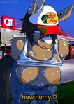 anthro big_breasts black_hair black_tail blue_eyes bodily_fluids breasts brown_body brown_fur clothed clothing denim denim_clothing female fishing_hat fur gas_station hair looking_at_viewer nipple_piercing nipples outside overalls photo_background piercing raised_clothing raised_shirt raised_tank_top raised_topwear shirt solo sweat sweaty_breasts tail tank_top text topwear saintversa bass_pro_shops absurd_res hi_res photography_(artwork)