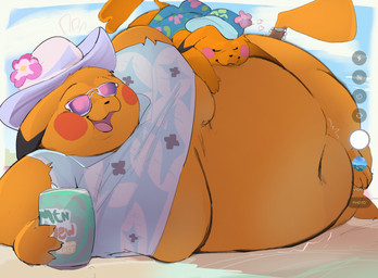 aloha_shirt anthro beach belly big_belly clothing duo eyewear female fur hat headgear headwear larger_male lying male moobs morbidly_obese navel obese on_side overweight pattern_clothing pattern_shirt pattern_topwear pose shirt size_difference smaller_female smile sunglasses tanned topwear yellow_body yellow_fur chunkyfunkys mountain_dew nintendo pokemon pokemon_winds_and_waves mr._windychu ms._wavychu generation_1_pokemon pikachu pokemon_(species) absurd_res hi_res pinup