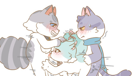 blush blush_lines bodily_fluids cum cum_in_mouth cum_inside ejaculation female from_behind_position genital_fluids group male male/female oral oral_penetration penetration scarf sex shaking sweat trembling trio liln love_for_my_cutie clark_(love_for_my_cutie) luca_(love_for_my_cutie) minty_(love_for_my_cutie) domestic_cat felid feline felis mammal hi_res