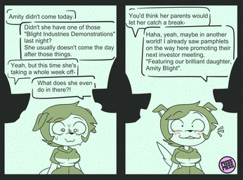 ambiguous_gender anthro blush bodily_fluids clothed clothing dialogue eavesdropping excited female group hair short_hair smile speech_bubble sweat text trio missmess disney the_owl_house luz_noceda canid canine canis domestic_dog mammal comic english_text