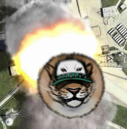 baseball_cap clothing fire green_clothing green_hat green_headwear hat headgear headwear male missile outside rocket solo spiked_hat whiskers band1tnsfw band1t_(band1tnsfw) felid lion mammal pantherine draw_over meme