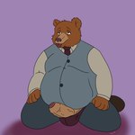 anthro belly big_belly bottomwear brown_body brown_fur clothed clothing erection foreskin fur genitals humanoid_genitalia humanoid_penis kneeling male necktie overweight overweight_male pants penis penis_poking_out purple_background shirt simple_background solo tongue tongue_out topwear underwear denki404 father_bear bear mammal 1:1 2024 absurd_res hi_res