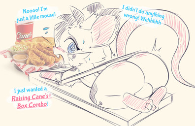 anthro arm_markings arm_tuft backsack balls bdsm beverage black_body black_fur black_hair black_markings blue_eyes blush bodily_fluids bondage bound bread buckteeth butt chicken_meat coleslaw_(food) dialogue dipstick_ears ear_markings elbow_tuft emanata facial_markings facial_tuft food fried_chicken fries fur genitals gloves_(marking) hair head_markings head_tuft kneeling leg_markings looking_back lying male male_anthro markings meat mouse_trap multicolored_ears nude nude_anthro nude_male on_front open_mouth pink_body pink_inner_ear presenting presenting_hindquarters red_nose restraints sauce simple_background socks_(marking) soda solo spank_marks spiral spiral_eyes sweat sweatdrop swirl_eyes talking_to_viewer teeth text toast trap_(contrivance) tuft white_background white_balls white_body white_fur kurus raising_cane's mammal mouse murid murine rodent 2024 absurd_res english_text hi_res mixed_media sketch