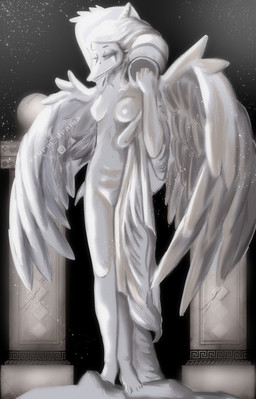 anthro bone_frill breasts clothing detailed_background eyes_mostly_closed feathered_wings feathers featureless_breasts featureless_crotch feet female fingers frill_(anatomy) greek hair holding_object humanoid_feet humanoid_hands logo long_hair medium_breasts narrowed_eyes non-mammal_breasts pillar plantigrade robe sculpture short_tail solo statue tail text toes vase wings vvurm_drama goodbye_volcano_high ko_op_(game_developer) fang_(gvh) prehistoric_species pterosaur reptile scalie absurd_res artist_logo artist_name colored hi_res shaded watermark