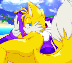 anthro balls beach belly big_belly blue_eyes bodily_fluids butt clothing cloud duo erection fur genitals gloves gloves_only half-closed_eyes hand_on_penis handwear handwear_only head_in_crotch heart_eyes heart_symbol humanoid_genitalia humanoid_penis licking looking_at_viewer looking_back looking_pleasured lying male male/male mostly_nude narrowed_eyes nude on_back on_side open_mouth oral orgasm_face outside overweight overweight_male palm_tree penile penis penis_lick plant purple_body purple_eyes purple_fur saliva sea seaside seductive sex sex_on_the_beach sun tongue tongue_out tree water yellow_body yellow_fur young young_anthro young_male junebug69 sega sonic_the_hedgehog_(series) big_the_cat miles_prower canid canine domestic_cat felid feline felis fox mammal 2017