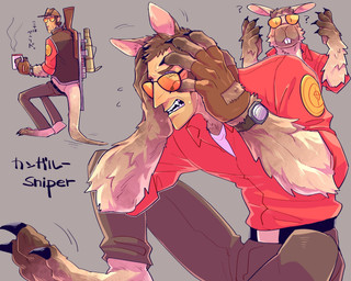 alternate_species anthro belt bottomwear brown_body brown_fur brown_hair buckteeth clothing container cup eyewear fur gloves grey_background gun hair handwear hat headgear headwear holding_container holding_cup holding_mug holding_object human_to_anthro male mug pants ranged_weapon red_clothing red_shirt red_topwear rifle scar shirt simple_background sniper_rifle solo species_transformation sunglasses surprised teeth text three_frame_image three_frame_sequence topwear transformation transformation_sequence weapon yowasabimechaoc team_fortress_2 valve valve_corporation sniper_(team_fortress_2) human kangaroo macropod mammal marsupial 2020 5:4 hi_res japanese_text sequence translated