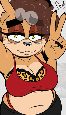 anthro belly belly_overhang big_belly big_breasts breasts cleavage clothed clothing female gesture hand_gesture leopard_print_bra looking_at_viewer mature_anthro mature_female overweight overweight_anthro overweight_female slightly_chubby solo v_sign yellow_eyes darkwolfhybrid sega sonic_the_hedgehog_(series) fan_character penelope_fox canid canine fox mammal hi_res