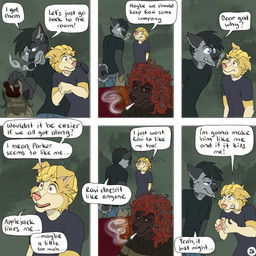 6_panel_comic anthro black_body black_hair black_sclera blonde_hair blue_eyes bottle bottomwear brown_eyes cheek_tuft cigarette cigarette_in_mouth clothed clothing container determined dialogue drugs eye_contact facial_tuft fur grey_body grey_fur group hair hand_on_shoulder holding_bag incredulous inside looking_at_another male marijuana marijuana_blunt name_in_dialogue nervous nervous_smile object_in_mouth one_ear_up page_number pants red_hair serious shirt shocked smoking smoking_cigarette speech_bubble sweater t-shirt text topwear trio tuft yellow_body yellow_eyes yellow_fur kriek_wildebeest jeremy_(kriek_wildebeest) ravi_(kriek_wildebeest) tom_(kriek_wildebeest) border_collie canid canine canis collie domestic_dog herding_dog husky hybrid mammal nordic_sled_dog pastoral_dog portuguese_water_dog sheepdog spitz wolf 1:1 comic english_text hi_res multiple_scenes