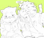 anthro book clothing duo eyewear glasses green_background hug humanoid_hands kemono male reading shirt simple_background text topwear young hinami canid canine canis domestic_dog felid mammal pantherine tiger 2013 japanese_text