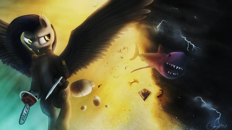chainsaw duo feathered_wings feathers female feral fur hair holding_object holding_weapon hooves open_mouth power_tool teeth tools weapon wings yellow_eyes photonoko hasbro my_little_pony mythology aquatic equid equine fish mammal mythological_creature mythological_equine pegasus shark 16:9 digital_media_(artwork) digital_painting_(artwork) hi_res painting_(artwork) widescreen
