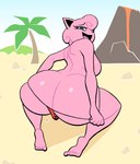 anthro big_butt breasts butt clothing clothing_pull feet female looking_back mostly_nude outside palm_tree pink_body plant smile solo thong thong_pull tree underwear underwear_pull volcano lovetopullmicke nintendo pokemon pokemon_snap_xxx generation_1_pokemon jigglypuff pokemon_(species) absurd_res hi_res