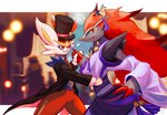 ambiguous_gender anthro biped black_body black_fur black_tie_(suit) blue_body blue_eyes blue_fur cheek_tuft closed_smile clothed clothing detailed_background duo facial_tuft fur hat headgear headwear holowear_(pokemon) mouth_closed multicolored_body multicolored_fur red_body red_eyes red_fur smile suit top_hat tuft white_body white_fur yellow_body tenebscuro nintendo pokemon pokemon_unite ghost_style_zoroark tuxedo_style_cinderace cinderace generation_5_pokemon generation_8_pokemon pokemon_(species) zoroark hi_res