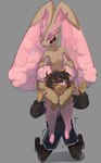 anthro biped blush bottomwear brown_body brown_hair chokehold clothed clothing flat_chested fur grey_background hair kneeling male nude one_eye_closed pink_body pink_fur pupils shorts simple_background thick_thighs wide_hips psibunny nintendo pokemon axel_(poke789) generation_4_pokemon human lopunny mammal pokemon_(species) shiny_pokemon absurd_res hi_res