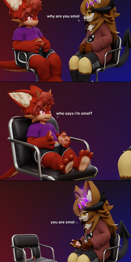 anthro bottomwear brown_hair chair claws clothing dialogue duo furniture hair horn hotpants inner_ear_fluff male open_mouth pawpads paws purple_clothing purple_shirt purple_topwear red_body red_hair shirt shorts shrinking sitting size_transformation spade_tail tail teeth text topwear transformation tuft tooeks mythology foxkuma kiry_(dvorakir) canid canine demon dragon fox mammal mythological_creature mythological_scalie scalie 2022 3d_(artwork) absurd_res digital_media_(artwork) english_text hi_res