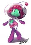 armor blue_eyes blush breasts female green_body green_skin hair headgear helmet not_furry pink_hair simple_background smile solo white_background lunarmew mighty_milky_way wayforward luna_(mighty_milky_way) alien