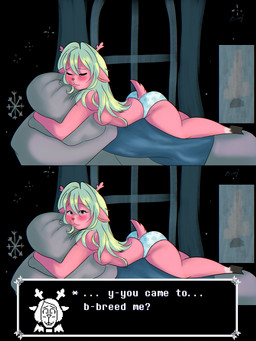 anthro antlers arched_back bed bent_legs big_butt blonde_hair blush butt casual_nudity clothing dialogue ears_down eye_contact eyelash_fetish eyelashes eyes_closed female fur furniture hair hooves horn hug hugging_object hugging_pillow inside lips long_hair looking_at_another looking_at_viewer lying lying_on_bed messy_hair mouth_closed on_bed panties pillow pivoted_ears scut_tail seductive short_tail shy sleeping snout snowflake solo tail text text_box underwear wide_hips bunnydollangel deltarune undertale_(series) noelle_holiday deer mammal 3:4 absurd_res comic english_text hi_res huge_filesize