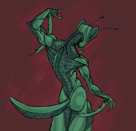 anthro back_muscles butt claws exoskeleton female flexing_muscles green_body mandibles mantis_arms muscular muscular_female nude rear_view solo sun_bug arthropod insect mantis absurd_res hi_res