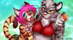 anthro beverage blue_eyes breasts brown_body brown_fur clothed clothing duo ear_piercing ear_ring female fur grey_body grey_fur hair pawpads piercing pink_hair pink_nose ring_piercing striped_body striped_fur stripes swimwear tongue tongue_piercing yellow_eyes inuki felid mammal pantherine snow_leopard 2020