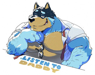 anthro arm_hair barazoku bedroom_eyes biceps big_muscles body_hair chest_hair claws clothed clothing collared_shirt daddy_kink desk dress_shirt eyebrows eyewear facial_hair fur furniture glasses holding_eyewear holding_glasses holding_object kemono looking_at_viewer male mature_anthro mature_male musclegut muscular muscular_anthro muscular_male narrowed_eyes necktie open_clothing open_shirt open_topwear pecs raised_eyebrow seductive shirt simple_background sitting smile solo stubble table teeth text thick_arms topwear tuft white_background bearwivme bluey_(series) bandit_heeler australian_cattle_dog canid canine canis cattledog domestic_dog herding_dog mammal pastoral_dog 2025 english_text