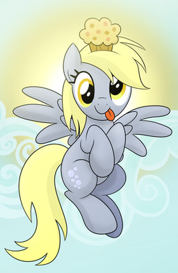 blonde_hair cloud cutie_mark derp_eyes feathered_wings feathers female feral food grey_body grey_feathers hair looking_at_viewer muffin outside simple_background sitting sky solo sun tongue tongue_out wings yellow_eyes theairevolution friendship_is_magic hasbro my_little_pony mythology derpy_hooves_(mlp) equid equine mammal mythological_creature mythological_equine pegasus 2014 absurd_res hi_res