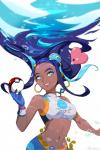 ambiguous_gender blue_eyes breasts bubble clothed clothing dark_body dark_skin duo female female_focus feral fingers gym_leader hair holding_object holding_pokeball human_focus not_furry_focus pokeball simple_background smile solo_focus standard_pokeball underwater water white_background sandara nintendo pokemon nessa_(pokemon) fish generation_3_pokemon human luvdisc mammal marine pokemon_(species) 2019