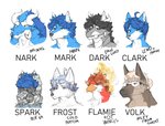 ambiguous_gender anthro black_hair blonde_hair blue_hair fire fur grey_hair group hair horn male multicolored_body multicolored_fur smile text marvolk mythology flamie_(marvolk) mark_(marvolk) nark_(marvolk) avian canid canine dragon mammal mythological_creature mythological_scalie scalie 2020 absurd_res colored_sketch english_text hi_res sketch