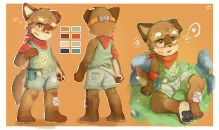 anthro bandage blush bottomwear brown_body brown_fur clothing eyewear fur goggles kerchief light male painting_(object) shorts shy smile solo tan_body tan_fur timid topwear vest young young_anthro young_male boluoluo-sama palette_swap_(character) rosy canid canine canis domestic_dog mammal absurd_res digital_media_(artwork) hi_res model_sheet