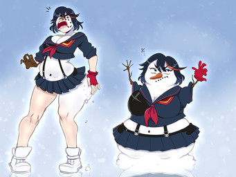 before_and_after black_hair blue_background breast_expansion breasts carrot_nose clothing coal expansion female fingerless_gloves footwear gloves gradient_background hair handwear highlights_(coloring) navel open_mouth red_clothing red_gloves red_handwear red_highlights shoes simple_background sneakers snow snowing snowman solo species_transformation stick_arms transformation white_clothing white_footwear white_shoes white_sneakers opals kill_la_kill studio_trigger ryuko_matoi senketsu elemental_creature humanoid mineral_fauna snow_creature snowman_(species) 2025 digital_drawing_(artwork) digital_media_(artwork) english_description hi_res paint_tool_sai_(artwork)