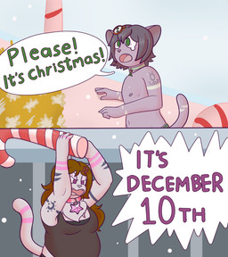 angry anthro black_hair brown_hair candy candy_cane chest_tuft choker clothed clothing collar cross-popping_vein dessert duo fangs female food green_eyes grey_body hair improvised_weapon jewelry male markings muscular muscular_female necklace overweight overweight_female purple_eyes scared speech_bubble striped_markings stripes tattoo teeth topless topless_male tuft graycatluna community_(series) it's_december_tenth hermes_(graycatluna) luna_(graycatluna) alien felid feline felis mammal pantherine sand_cat hi_res brother_(lore) brother_and_sister_(lore) sibling_(lore) sister_(lore)