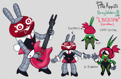 1_eye anthro butt clothing electric_guitar female fishnet_clothing fishnet_legwear grey_background guitar legwear leotard machine musical_instrument plucked_string_instrument simple_background string_instrument somescrub briny_waters fan_character cyclops marine plankton_(species) robot hi_res model_sheet