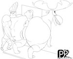 all_fours anthro antlers big_butt butt butt_grab doorway duo female genitals hand_on_butt horn human_on_anthro interspecies male male/female muscular pussy pdxyz cartoon_network johnny_bravo_(series) becky_(johnny_bravo) johnny_bravo deer human mammal moose new_world_deer hi_res monochrome