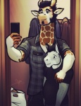 anthro anthro_on_anthro arm_around_shoulders blue_eyes clothed clothing duo electronics facial_hair hair horn male male/male ossicone phone plaid selfie smile standing bgn derrick_(bgn) miguel_(bgn) asinus donkey equid equine giraffe giraffid mammal 2015