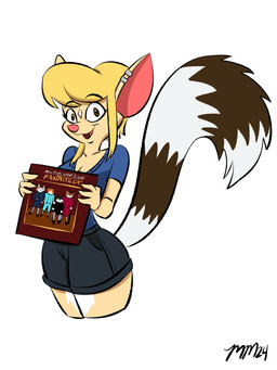 anthro blonde_hair bottomwear breasts cleavage clothed clothed_female clothing ear_piercing female fully_clothed fully_clothed_female fur hair helix_piercing markings open_mouth piercing pink_nose ring_(marking) ringed_tail shorts striped_markings striped_tail stripes tail tail_markings tan_body tan_fur vinyl_record 49ersrule07 becky_ringtail bassariscus mammal procyonid ring-tailed_cat 3:4 hi_res