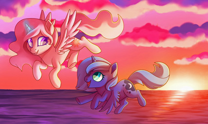 aged_down blue_hair cloud cutie_mark detailed_background duo eye_contact eyelashes feathered_wings feathers female feral flying hair happy horn looking_at_another magic makeup mascara midair open_mouth outside pink_hair purple_eyes sea short_hair sky smile sunset teal_eyes tongue water wings young young_feral dreaming-roses friendship_is_magic hasbro my_little_pony mythology princess_celestia_(mlp) princess_luna_(mlp) equid equine mammal mythological_creature mythological_equine winged_unicorn 2017 5:3 absurd_res hi_res sibling_(lore) sister_(lore) sisters_(lore)