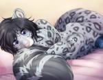 anthro bed big_tail biped black_hair blue_eyes clothing daww depth_of_field femboy fluffy fluffy_tail fur furniture grey_body grey_fur grey_spots grey_tail hair holding_tail huge_tail legwear leopard_spots long_tail looking_at_viewer lying male markings mostly_nude multicolored_body multicolored_fur multicolored_tail on_bed on_front pillow pink_nose short_hair simple_background solo spots spotted_body spotted_fur stockings tail tail_hug tan_background two_tone_body two_tone_fur two_tone_tail tartii taiga_winters felid mammal pantherine snow_leopard 2016 digital_media_(artwork) hi_res signature watermark