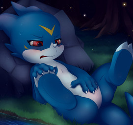 ambiguous_gender anthro belly blue_body blue_skin blush bodily_fluids bulge claws crotch_grab detailed_background disgruntled eyelashes facial_markings featureless_crotch feet forest frustrated grass grope groping_crotch hand_on_crotch head_markings horn legs_up looking_at_self looking_down lying markings masturbation night null null_masturbation null_stimulation on_back outside plant red_eyes river rock self_grope semi-anthro solo spread_legs spreading sweat tree water white_belly meraence bandai_namco digimon ambient_arthropod ambient_firefly ambient_insect arthropod digimon_(species) veemon 2015 hi_res