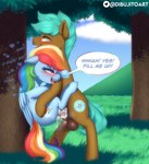 2021 absurd_res ah ahh balls blush bodily_fluids canon_x_oc cloud cum cutie_mark cyan_sand_(oc) dialogue dibujito digital_media_(artwork) duo english_text equid equine eyes_closed fan_character female feral friendship_is_magic genital_fluids genitals grass hasbro hi_res male male_penetrating mammal multicolored_tail my_little_pony mythological_creature mythological_equine mythology open_mouth outside pegasus penetration penis plant rainbow_dash_(mlp) rainbow_tail side_view tail text tree wings