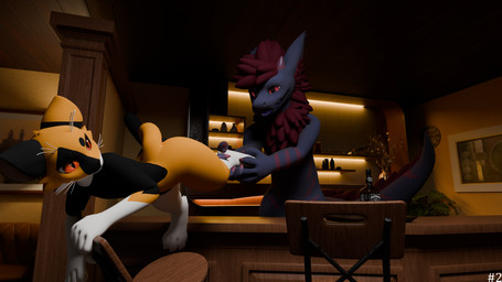 anthro detailed_background fangs horn larger_anthro larger_male leg_grab male muscular muscular_anthro muscular_male paws purple_body purple_flesh red_eyes scut_tail sharp_teeth short_tail size_difference spikes spikes_(anatomy) tail teeth gurgledkibby devourer_(razor_koopa) mesko felid feline mammal swaggon 16:9 2025 3d_(artwork) 4k absurd_res digital_media_(artwork) hi_res widescreen